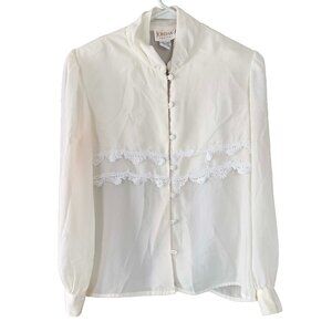 Jordan Petite Vintage White Lace Trim Button Front Blouse Long Sleeve Romantic C